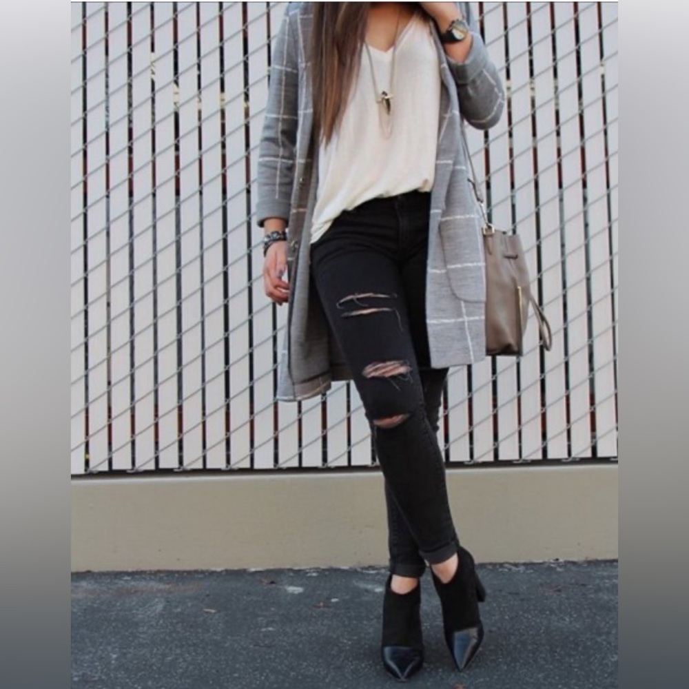 Topshop 0 Gray Windowpane Pattern Long Blazer